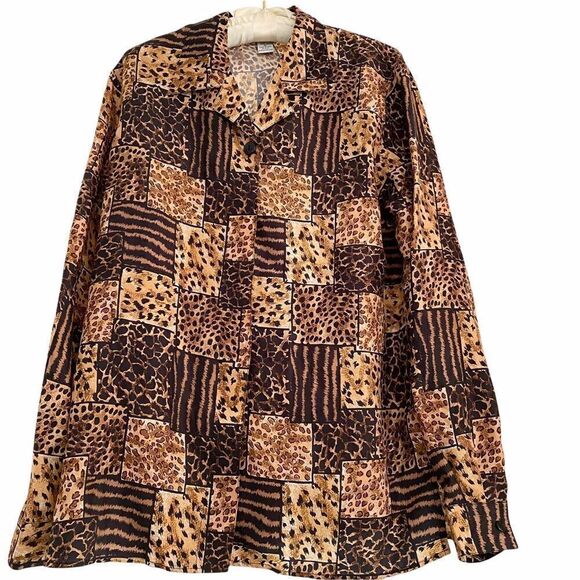 Vintage Silk Patchwork Animal Print Long Sleeve Blouse Cheetah Leopard Print - Picture 1 of 6
